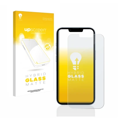 Vorderseite einer Produktverpackung mit dem Markenlogo upscreen. Daneben ist das Gerät Apple iPhone 13 Pro mit dem zugehörigen