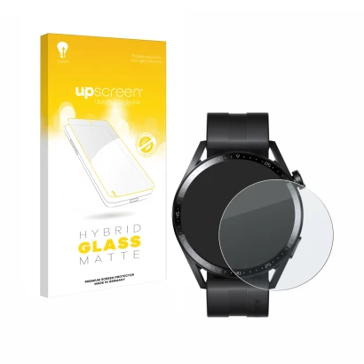 Vorderseite einer Produktverpackung mit dem Markenlogo upscreen. Daneben ist das Gerät Huawei Watch GT 3 (46 mm) mit dem zugeh