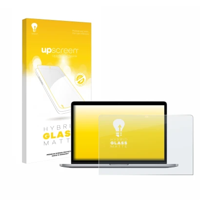 Vorderseite einer Produktverpackung mit dem Markenlogo upscreen. Daneben ist das Gerät Apple MacBook Pro 13" M1 2020 mit dem z