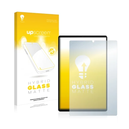 Vorderseite einer Produktverpackung mit dem Markenlogo upscreen. Daneben ist das Gerät Lenovo Tab M10 FHD Plus mit dem zugehör