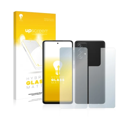 Vorderseite einer Produktverpackung mit dem Markenlogo upscreen. Daneben ist das Gerät Samsung Galaxy A52s 5G (Display+Rücksei