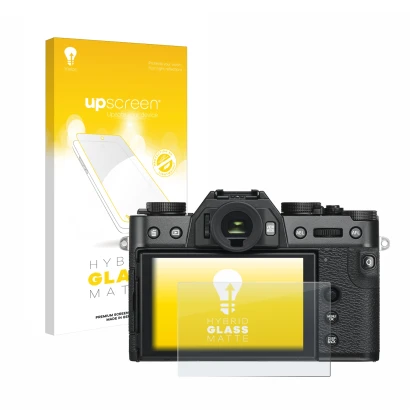 Vorderseite einer Produktverpackung mit dem Markenlogo upscreen. Daneben ist das Gerät Fujifilm X-T30 ll mit dem zugehörigen D