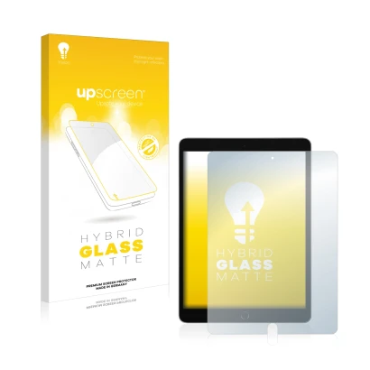 Vorderseite einer Produktverpackung mit dem Markenlogo upscreen. Daneben ist das Gerät Apple iPad 10.2" 2021 (9. Gen.) mit dem