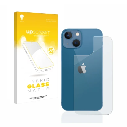 Vorderseite einer Produktverpackung mit dem Markenlogo upscreen. Daneben ist das Gerät Apple iPhone 13 mini (Rückseite) mit de