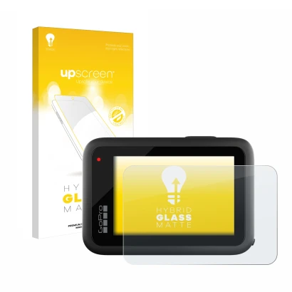 Vorderseite einer Produktverpackung mit dem Markenlogo upscreen. Daneben ist das Gerät GoPro Hero 10 Black mit dem zugehörigen