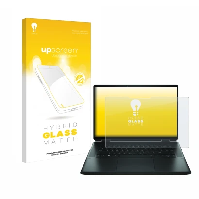 Vorderseite einer Produktverpackung mit dem Markenlogo upscreen. Daneben ist das Gerät HP Spectre x360 16" 2-in-1 2021 mit dem