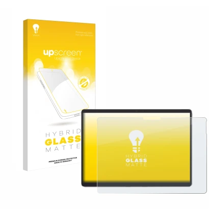 Vorderseite einer Produktverpackung mit dem Markenlogo upscreen. Daneben ist das Gerät Microsoft Surface Pro 8 (2021) mit dem 