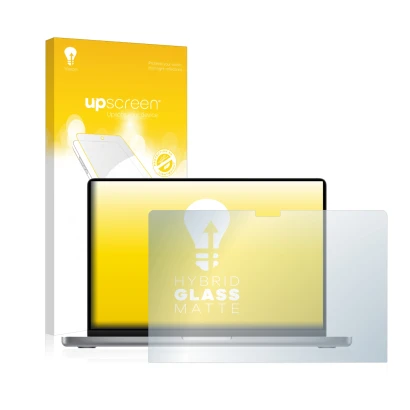 Vorderseite einer Produktverpackung mit dem Markenlogo upscreen. Daneben ist das Gerät Apple MacBook Pro 14