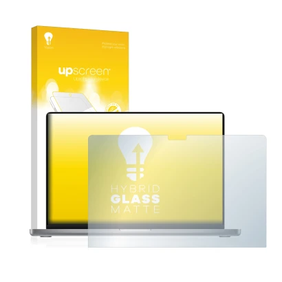 Vorderseite einer Produktverpackung mit dem Markenlogo upscreen. Daneben ist das Gerät Apple MacBook Pro 16