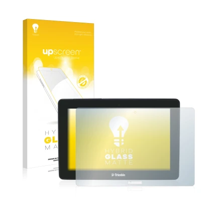 Vorderseite einer Produktverpackung mit dem Markenlogo upscreen. Daneben ist das Gerät Trimble GFX-750 mit dem zugehörigen Dis