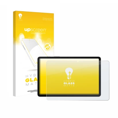 Vorderseite einer Produktverpackung mit dem Markenlogo upscreen. Daneben ist das Gerät Samsung Galaxy Tab S8 5G mit dem zugehö