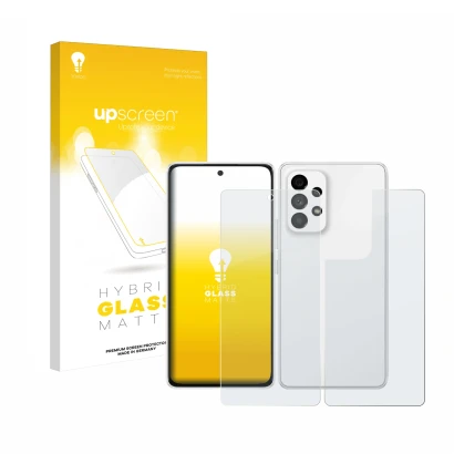 Vorderseite einer Produktverpackung mit dem Markenlogo upscreen. Daneben ist das Gerät Samsung Galaxy A53 5G (Display+Rückseit