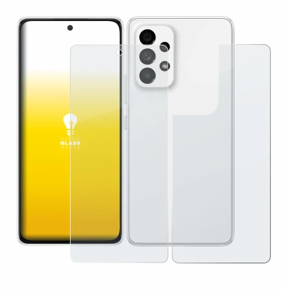 Abbildung des Geräts Samsung Galaxy A53 5G (Display+Rückseite) mit einer Vielzahl des Displayschutzes.