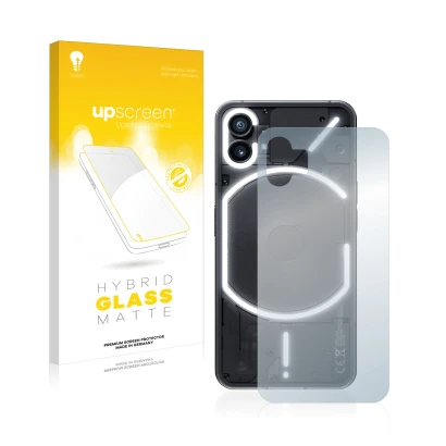 Vorderseite einer Produktverpackung mit dem Markenlogo upscreen. Daneben ist das Gerät Nothing Phone (1) (Rückseite) mit dem z