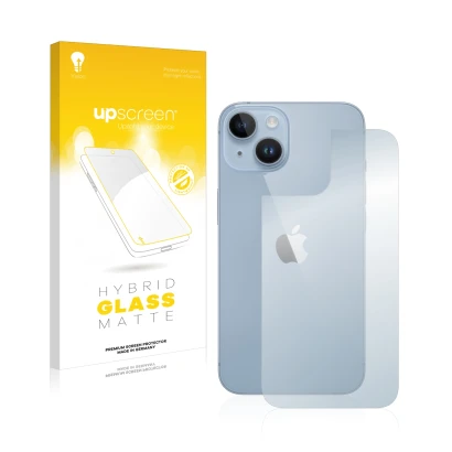 Vorderseite einer Produktverpackung mit dem Markenlogo upscreen. Daneben ist das Gerät Apple iPhone 14 (Rückseite) mit dem zug