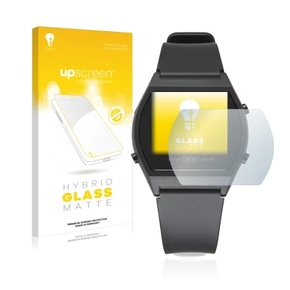 Vorderseite einer Produktverpackung mit dem Markenlogo upscreen. Daneben ist das Gerät Casio LW-204-1BEF mit dem zugehörigen D