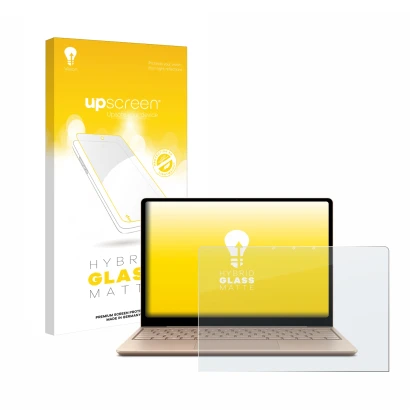 Vorderseite einer Produktverpackung mit dem Markenlogo upscreen. Daneben ist das Gerät Microsoft Surface Laptop Go 2 Business 