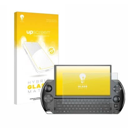 Vorderseite einer Produktverpackung mit dem Markenlogo upscreen. Daneben ist das Gerät GPD Win 4 mit dem zugehörigen Displaysc