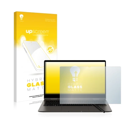 Vorderseite einer Produktverpackung mit dem Markenlogo upscreen. Daneben ist das Gerät Samsung Galaxy Book3 360 13