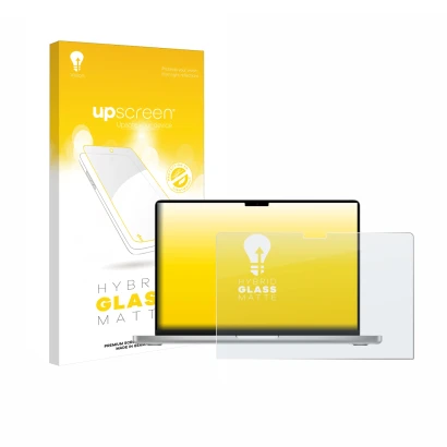 Vorderseite einer Produktverpackung mit dem Markenlogo upscreen. Daneben ist das Gerät Apple MacBook Pro 14" M2 2023 mit dem z