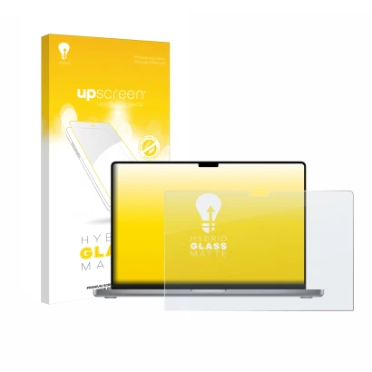 Vorderseite einer Produktverpackung mit dem Markenlogo upscreen. Daneben ist das Gerät Apple MacBook Pro 16" 2023 mit dem zuge