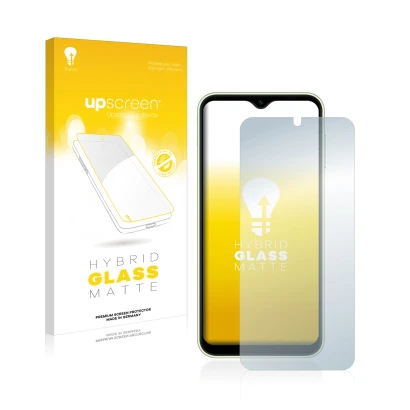 Vorderseite einer Produktverpackung mit dem Markenlogo upscreen. Daneben ist das Gerät Samsung Galaxy A14 5G mit dem zugehörig