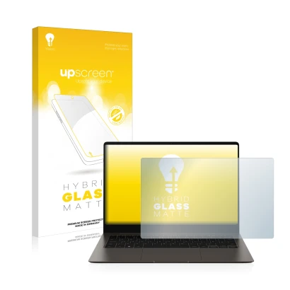 Vorderseite einer Produktverpackung mit dem Markenlogo upscreen. Daneben ist das Gerät Samsung Galaxy Book3 Pro 14