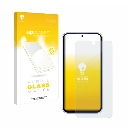 Vorderseite einer Produktverpackung mit dem Markenlogo upscreen. Daneben ist das Gerät Samsung Galaxy A54 5G mit dem zugehörig