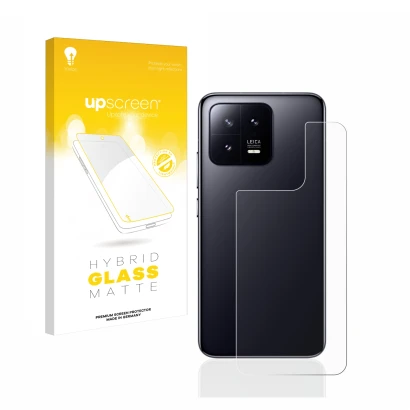 Vorderseite einer Produktverpackung mit dem Markenlogo upscreen. Daneben ist das Gerät Xiaomi 13 (Rückseite) mit dem zugehörig