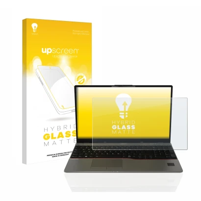 Vorderseite einer Produktverpackung mit dem Markenlogo upscreen. Daneben ist das Gerät Fujitsu Lifebook U7512 mit dem zugehöri