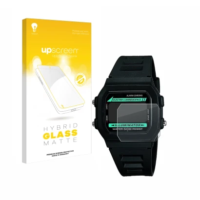 Vorderseite einer Produktverpackung mit dem Markenlogo upscreen. Daneben ist das Gerät Casio W-86-1VQES mit dem zugehörigen Di