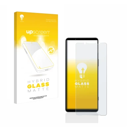 Vorderseite einer Produktverpackung mit dem Markenlogo upscreen. Daneben ist das Gerät Sony Xperia 1 V mit dem zugehörigen Dis