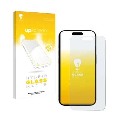 Vorderseite einer Produktverpackung mit dem Markenlogo upscreen. Daneben ist das Gerät Apple iPhone 15 Pro mit dem zugehörigen