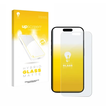 Vorderseite einer Produktverpackung mit dem Markenlogo upscreen. Daneben ist das Gerät Apple iPhone 15 Pro Max mit dem zugehör