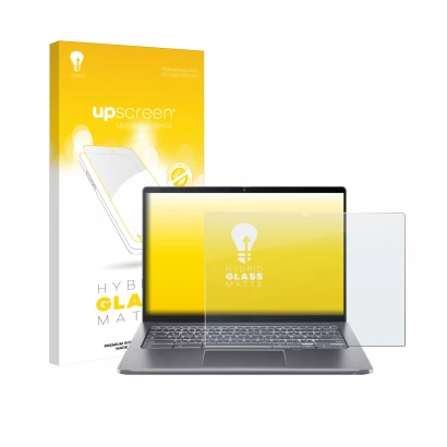 Vorderseite einer Produktverpackung mit dem Markenlogo upscreen. Daneben ist das Gerät Acer Chromebook Spin 714 mit dem zugehö