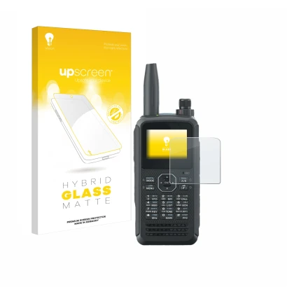 Vorderseite einer Produktverpackung mit dem Markenlogo upscreen. Daneben ist das Gerät Kenwood TH-D75E D-Star mit dem zugehöri