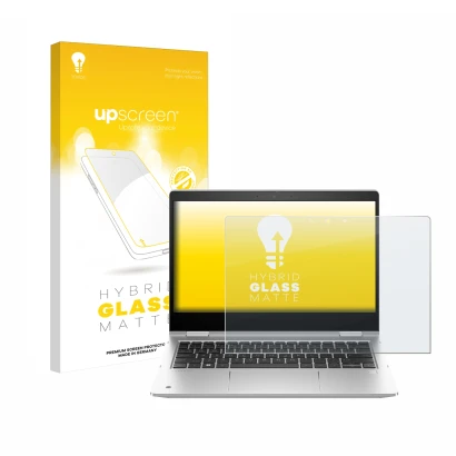 Vorderseite einer Produktverpackung mit dem Markenlogo upscreen. Daneben ist das Gerät HP ProBook x360 435 G10 mit dem zugehör