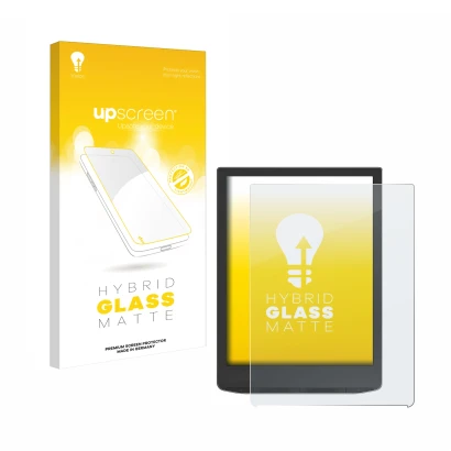 Vorderseite einer Produktverpackung mit dem Markenlogo upscreen. Daneben ist das Gerät PocketBook InkPad 4 mit dem zugehörigen