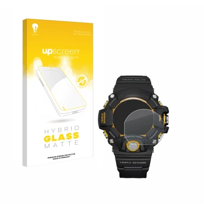 Vorderseite einer Produktverpackung mit dem Markenlogo upscreen. Daneben ist das Gerät Casio G-Shock GW-9400Y-1 mit dem zugehö