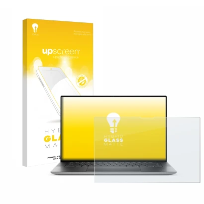 Vorderseite einer Produktverpackung mit dem Markenlogo upscreen. Daneben ist das Gerät Dell XPS 15 9530 Touch mit dem zugehöri