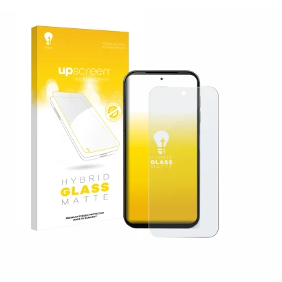 Vorderseite einer Produktverpackung mit dem Markenlogo upscreen. Daneben ist das Gerät Fairphone 5 mit dem zugehörigen Display