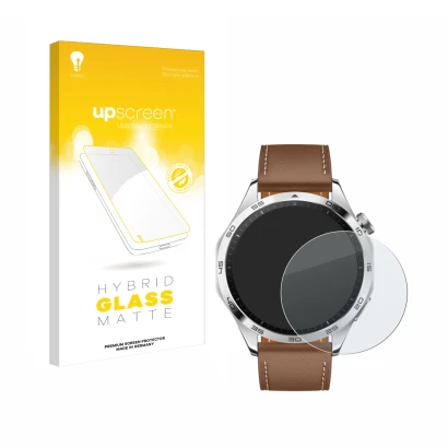 Vorderseite einer Produktverpackung mit dem Markenlogo upscreen. Daneben ist das Gerät Huawei Watch GT 4 (46mm) mit dem zugehö