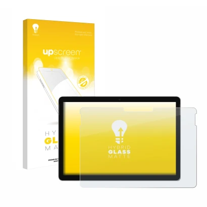 Vorderseite einer Produktverpackung mit dem Markenlogo upscreen. Daneben ist das Gerät Microsoft Surface Go 4 mit dem zugehöri