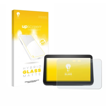 Vorderseite einer Produktverpackung mit dem Markenlogo upscreen. Daneben ist das Gerät Amazon Echo Show 8 2023 (3. Gen.) mit d