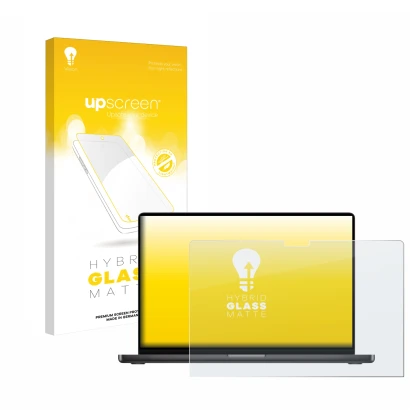 Vorderseite einer Produktverpackung mit dem Markenlogo upscreen. Daneben ist das Gerät Apple MacBook Pro 14" M3 2023 mit dem z