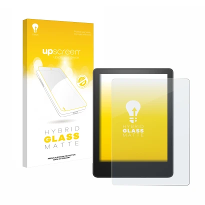 Vorderseite einer Produktverpackung mit dem Markenlogo upscreen. Daneben ist das Gerät Amazon Kindle Paperwhite 2023 (11. Gen.