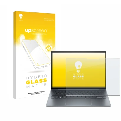 Vorderseite einer Produktverpackung mit dem Markenlogo upscreen. Daneben ist das Gerät HP Dragonfly G4 Non-Touch mit dem zugeh