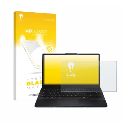 Vorderseite einer Produktverpackung mit dem Markenlogo upscreen. Daneben ist das Gerät Fujitsu Lifebook E5412 mit dem zugehöri