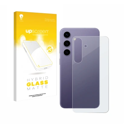 Vorderseite einer Produktverpackung mit dem Markenlogo upscreen. Daneben ist das Gerät Samsung Galaxy S24 (Rückseite) mit dem 