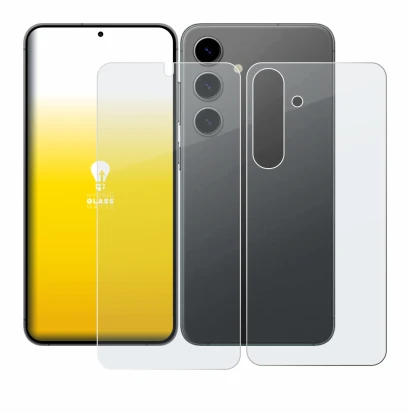 Abbildung des Geräts Samsung Galaxy S24 (Display+Rückseite) mit einer Vielzahl des Displayschutzes.